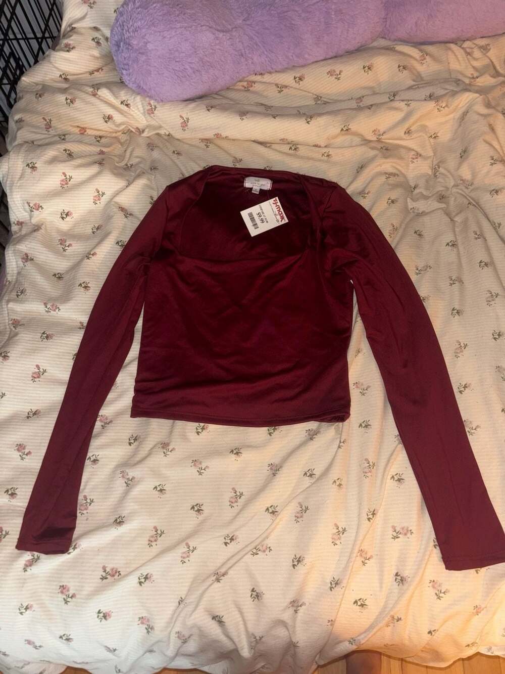 Live in the Moment Square Neck Long Sleeve Top Size M Burgundy